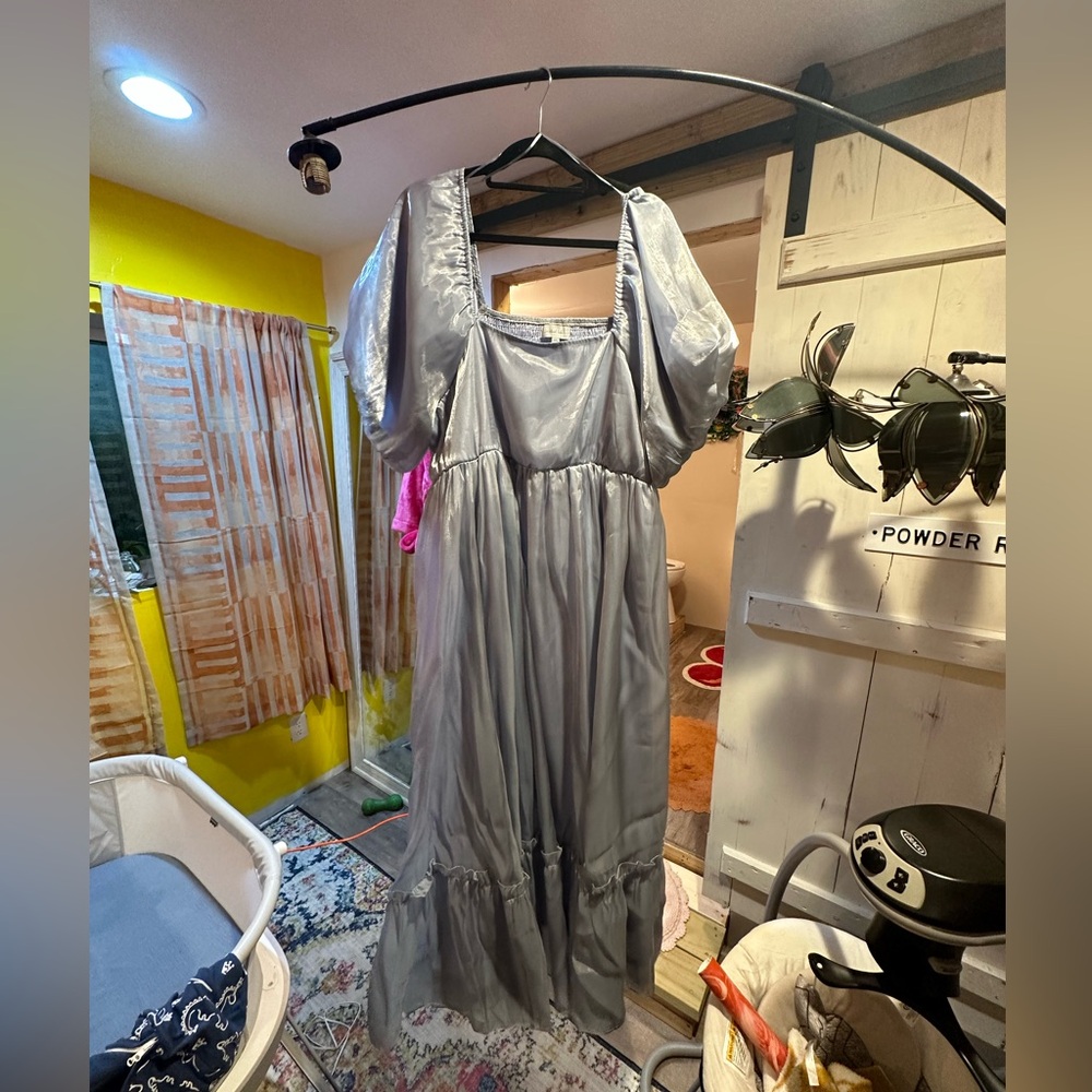 One loved babe, blue metallic dress. Work once for a maternity shoot